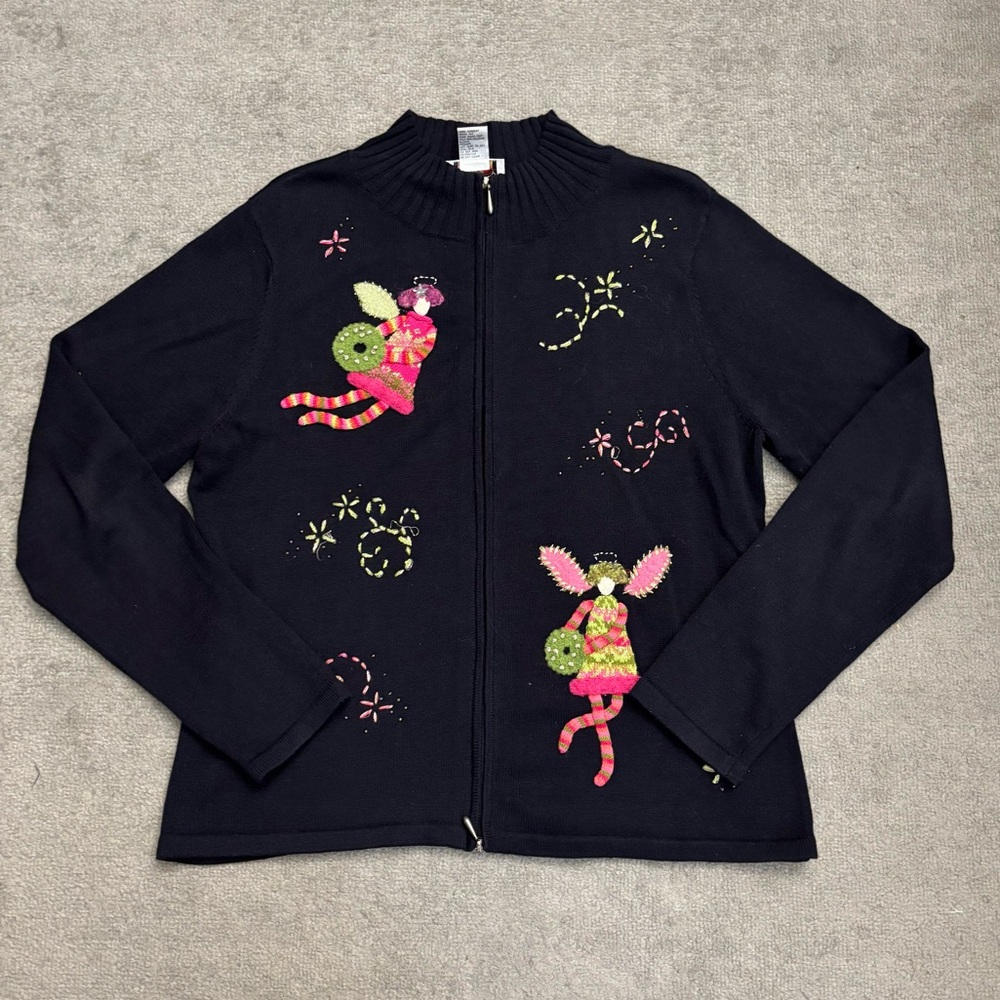 Talbots Christmas Angel Cardigan Full Zip Ugly Sweater Holidays Vintage